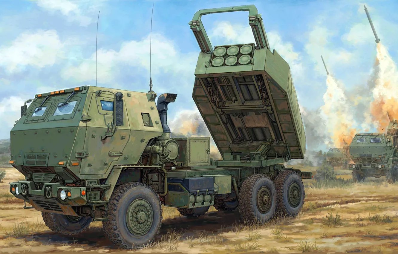 Photo wallpaper USA, High Mobility Artillery Rocket System, on a wheeled chassis, HIMARS, Rocket artillery, American jet …