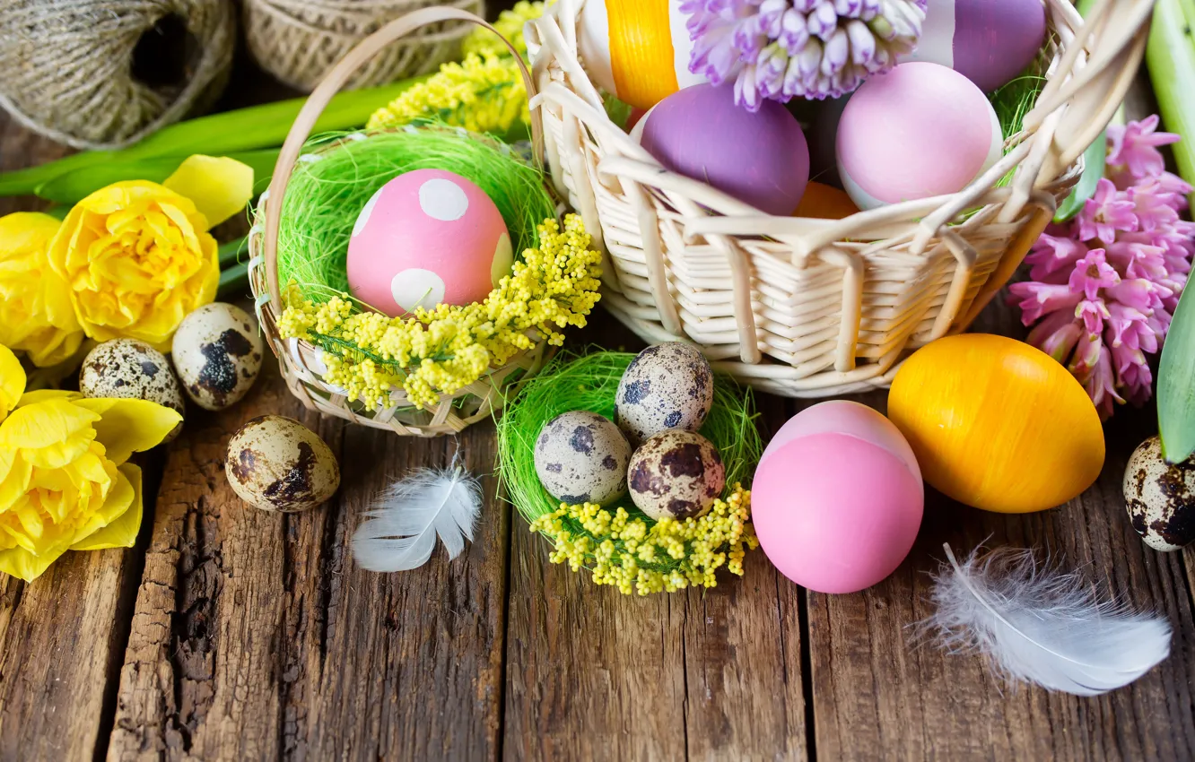 Photo wallpaper flowers, basket, Board, eggs, Easter, tulips, spring, Easter