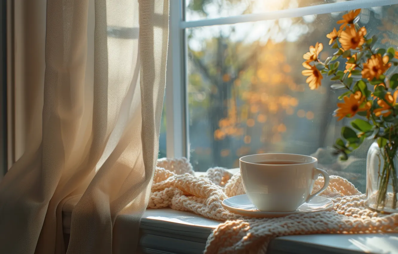 Photo wallpaper autumn, glass, light, flowers, yellow, nature, comfort, tea