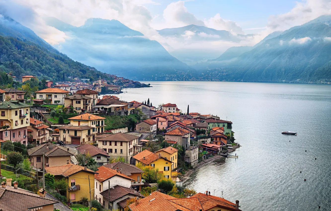 Photo wallpaper Home, Mountains, The city, Lake, Italy, Landscape, Lombardy, Como
