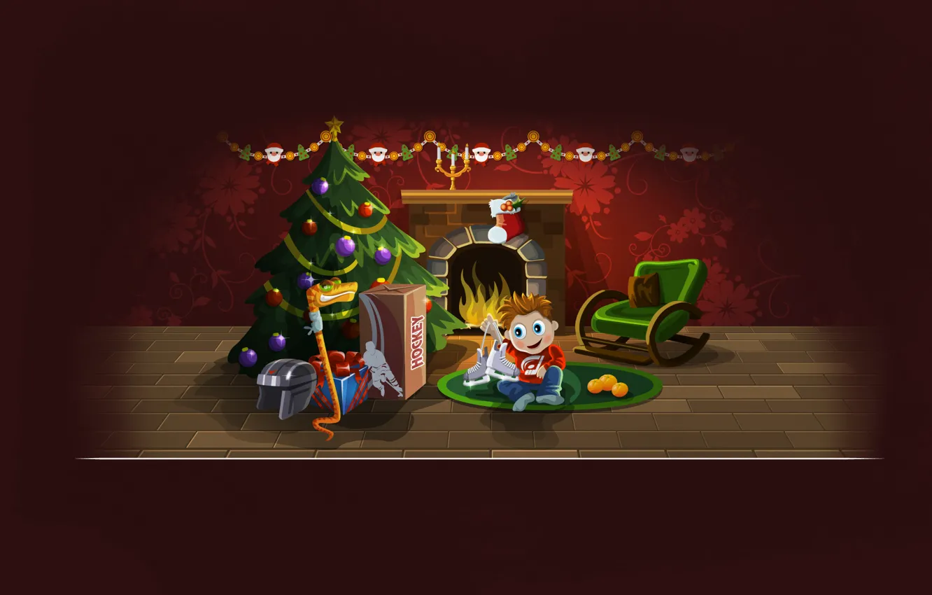 Photo wallpaper tree, new year, Christmas, snake, boy, gifts, helmet, fireplace