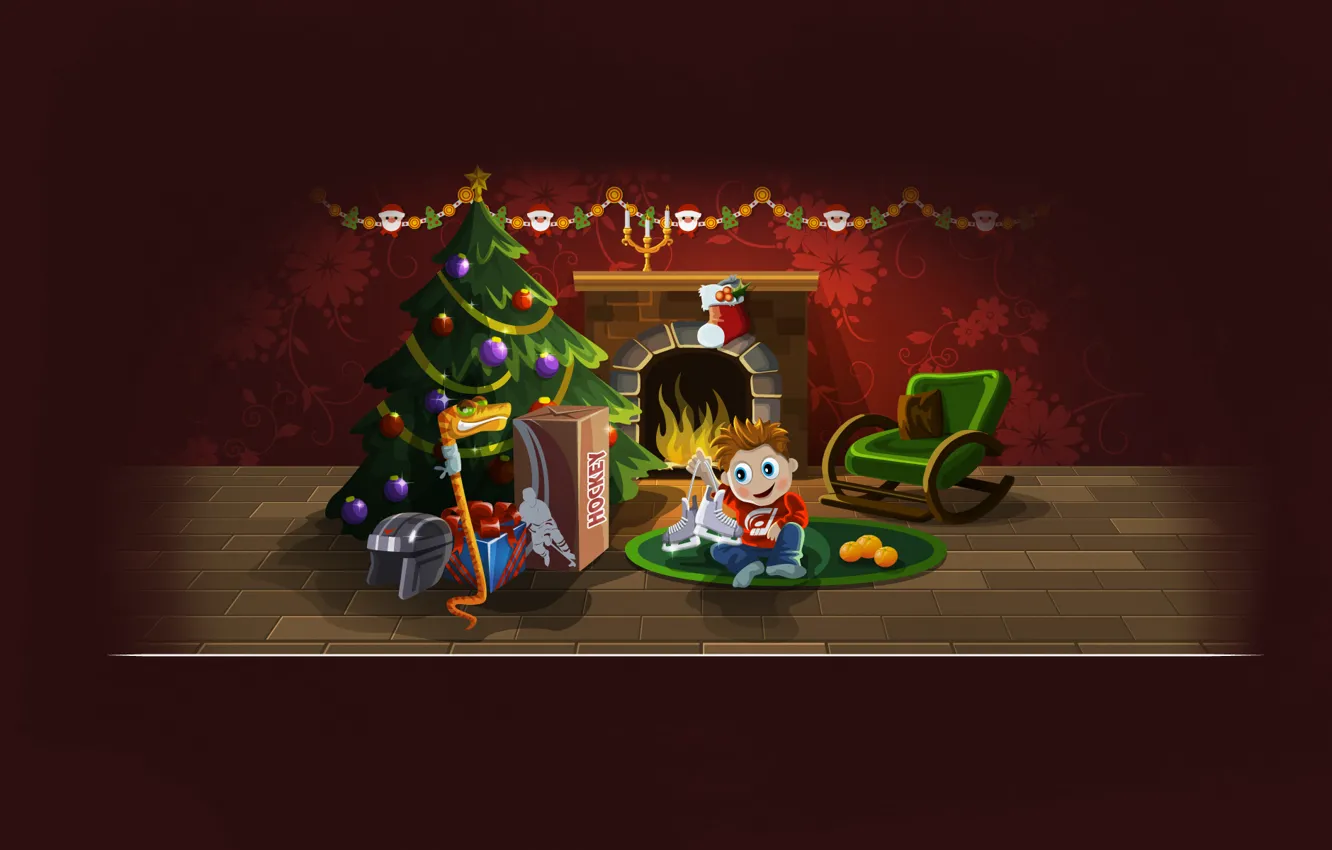 Photo wallpaper gift, tree, new year, snake, boy, Christmas, helmet, fireplace