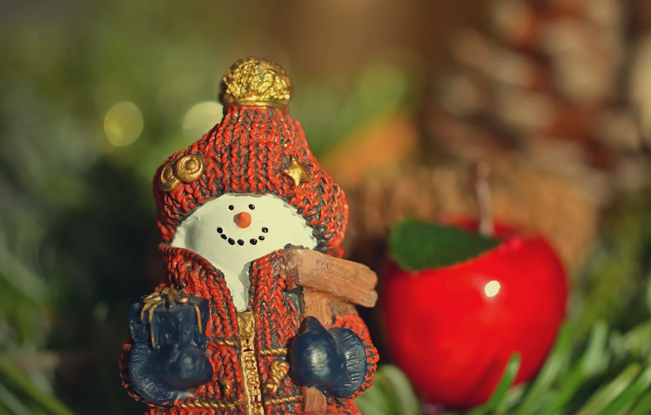 Photo wallpaper winter, holiday, toy, Christmas, New year, snowman, figure, bokeh