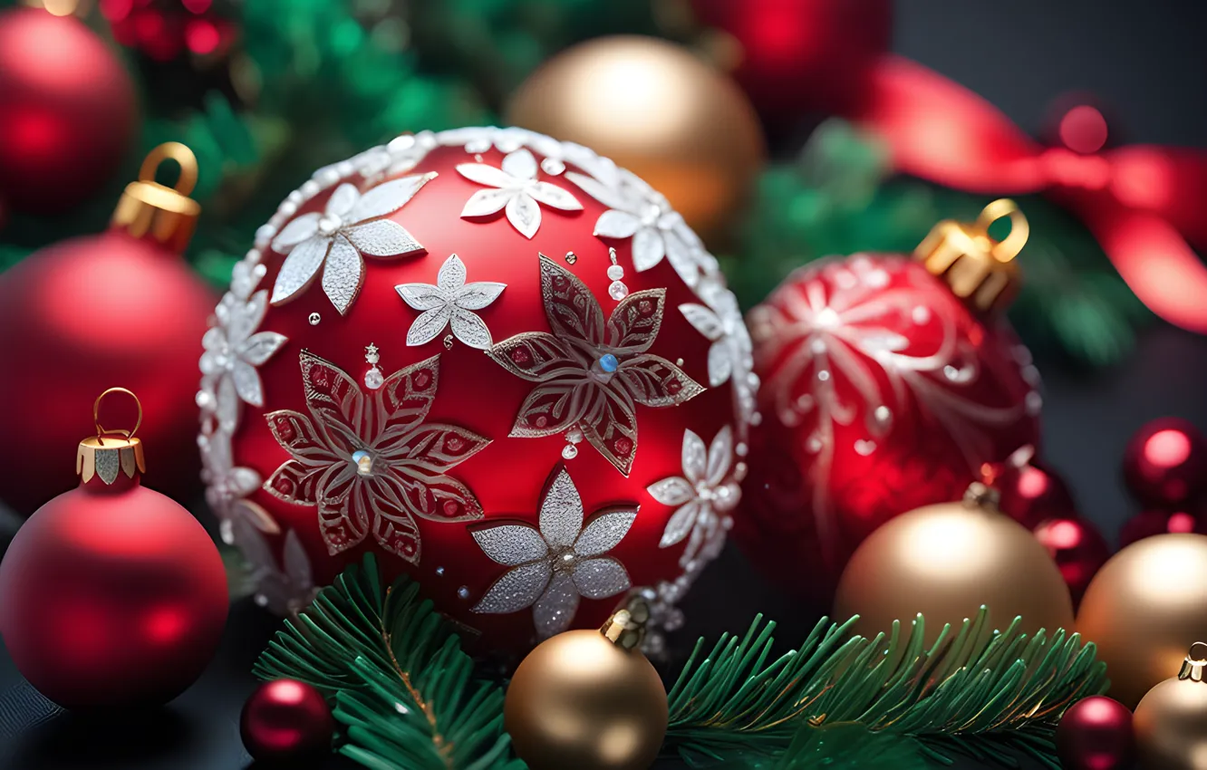 Photo wallpaper balls, flowers, red, balls, pattern, new year, rhinestones, Christmas