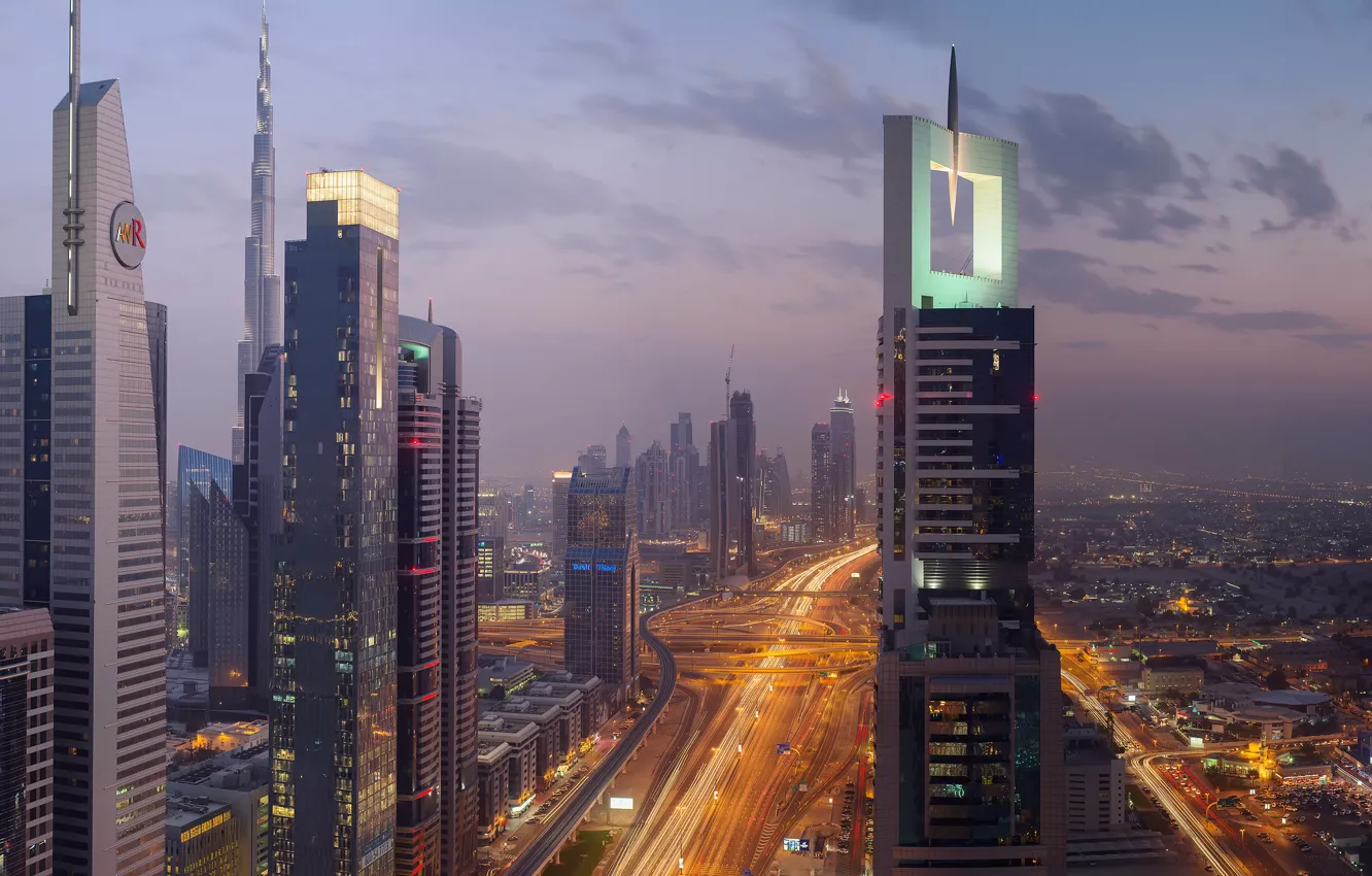 Photo wallpaper night, the city, lights, the evening, Dubai, UAE