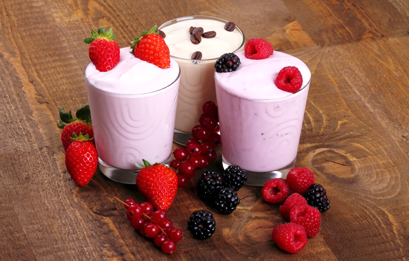 Photo wallpaper berries, raspberry, coffee, milk, strawberry, currants, BlackBerry, strawberry