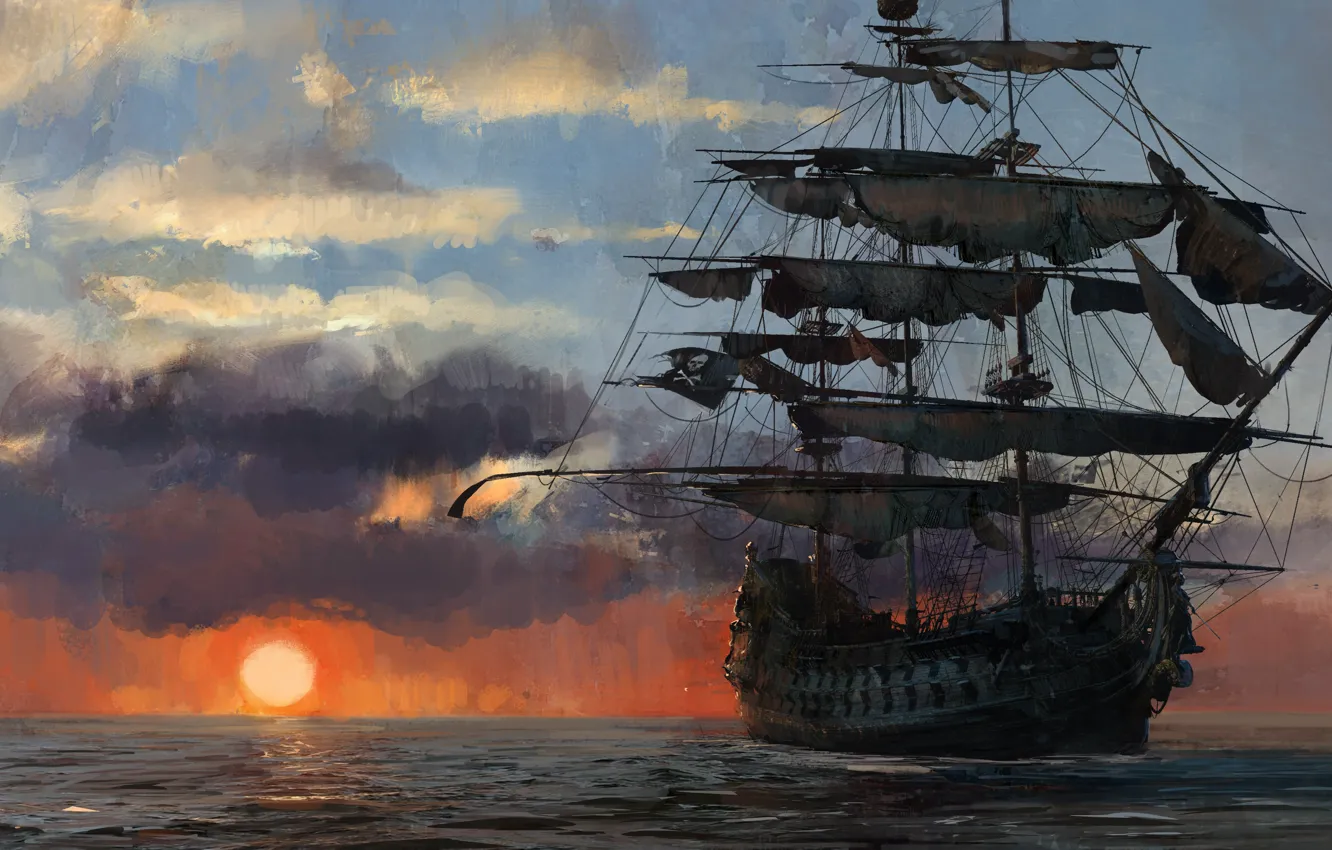 Photo wallpaper game, pirate, sunset, pirate ship, flag, ship, pirate flag, kaizoku