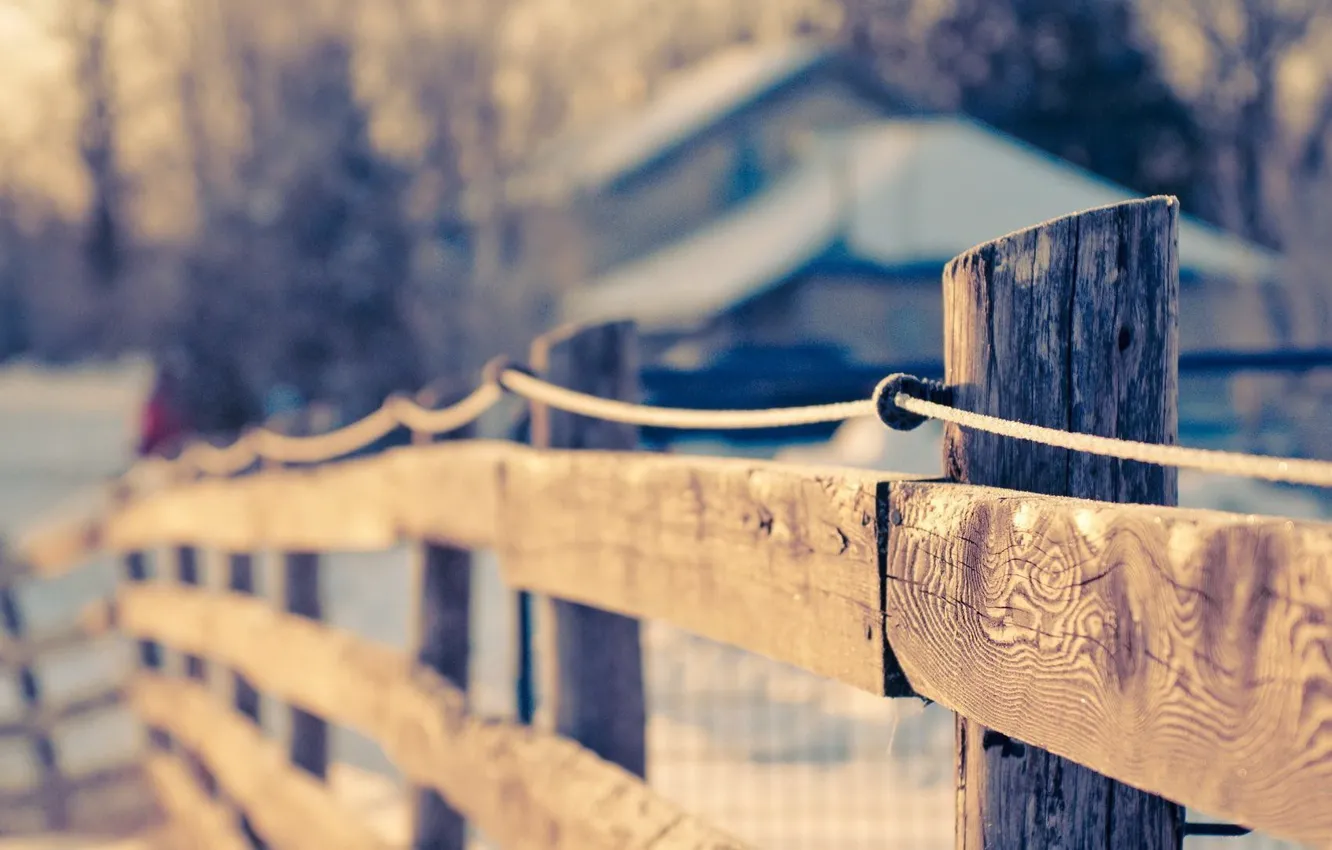 Photo wallpaper winter, snow, home, fence, blur, bokeh