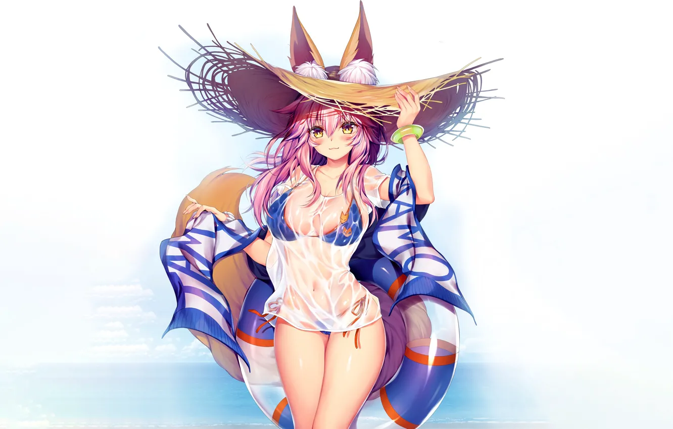 Photo wallpaper girl, sexy, cleavage, pink hair, long hair, boobs, animal ears, anime