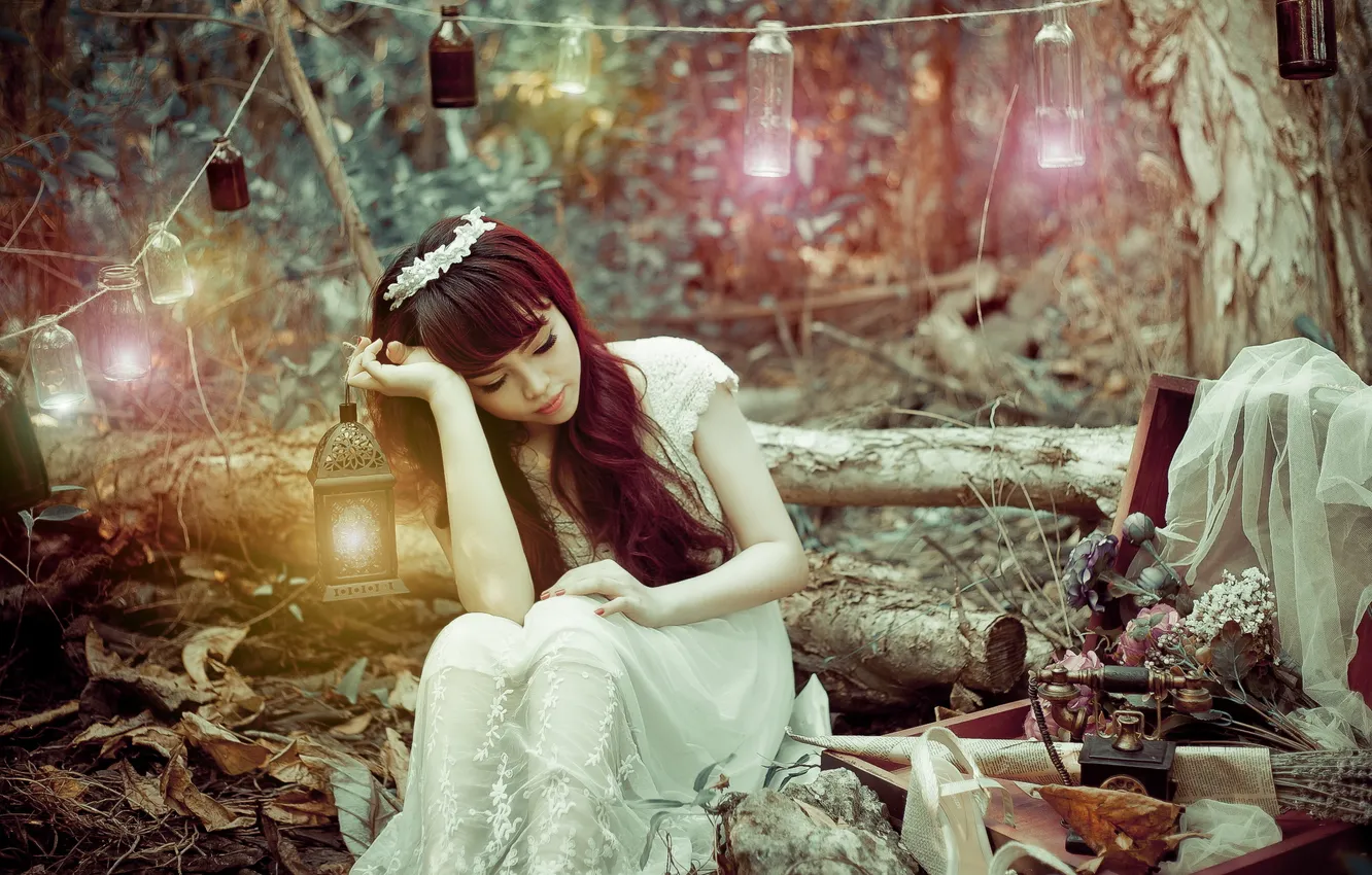 Photo wallpaper girl, pose, lamp, Asian