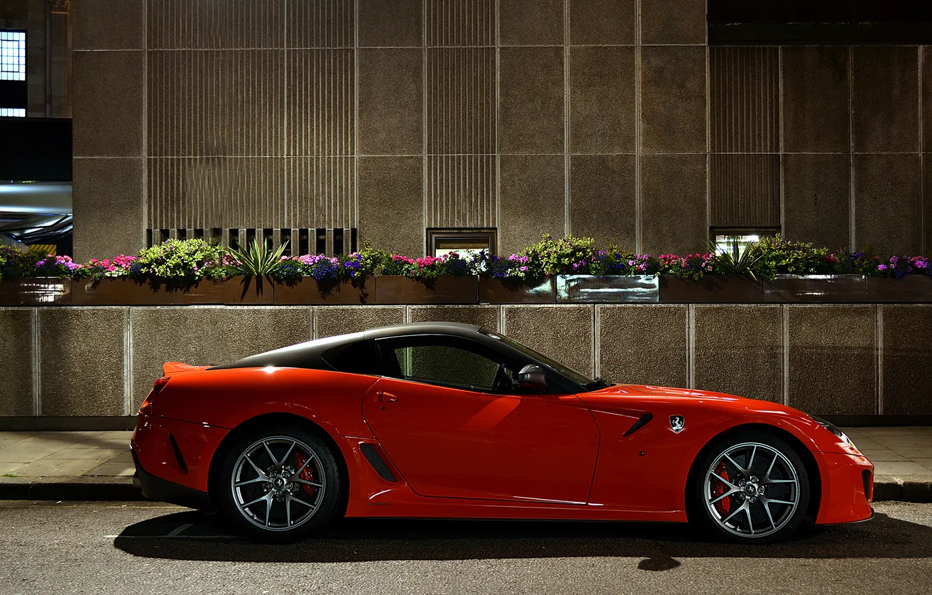 Photo wallpaper light, Ferrari, red, road, 599, night, GTO, flowers
