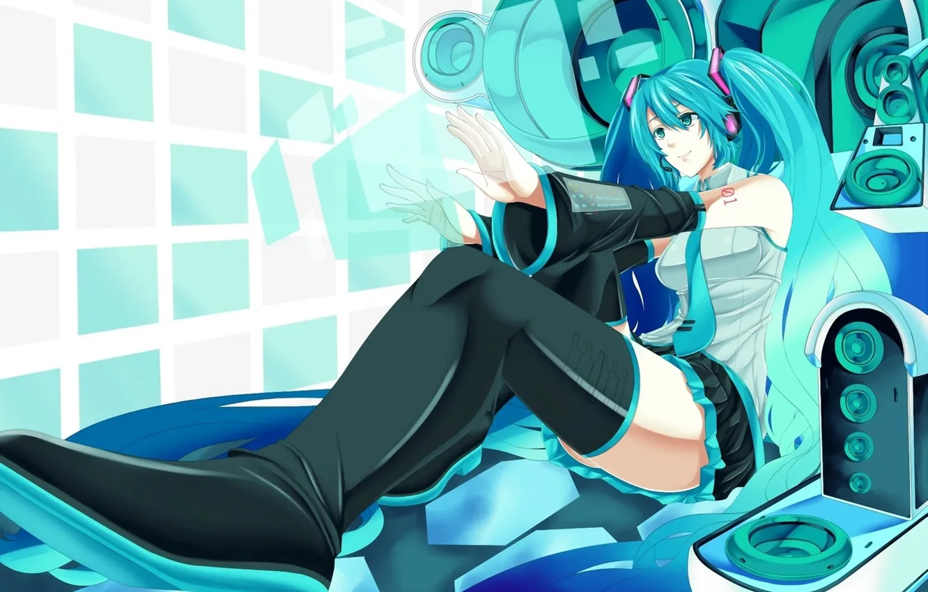 Photo wallpaper girl, interface, dynamics, vocaloid, hatsune miku, sitting