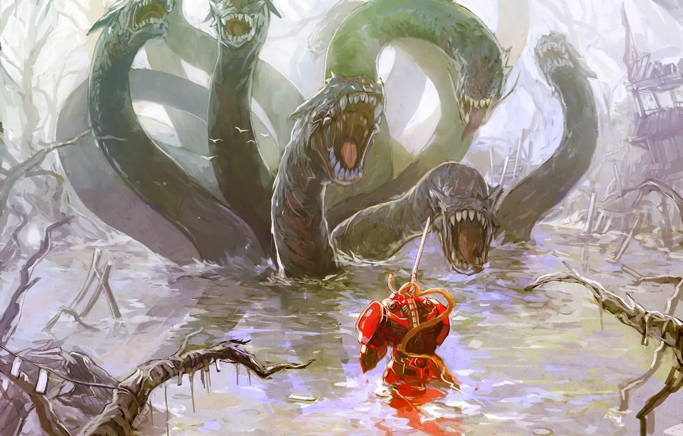 Photo wallpaper branches, lake, home, monster, warrior