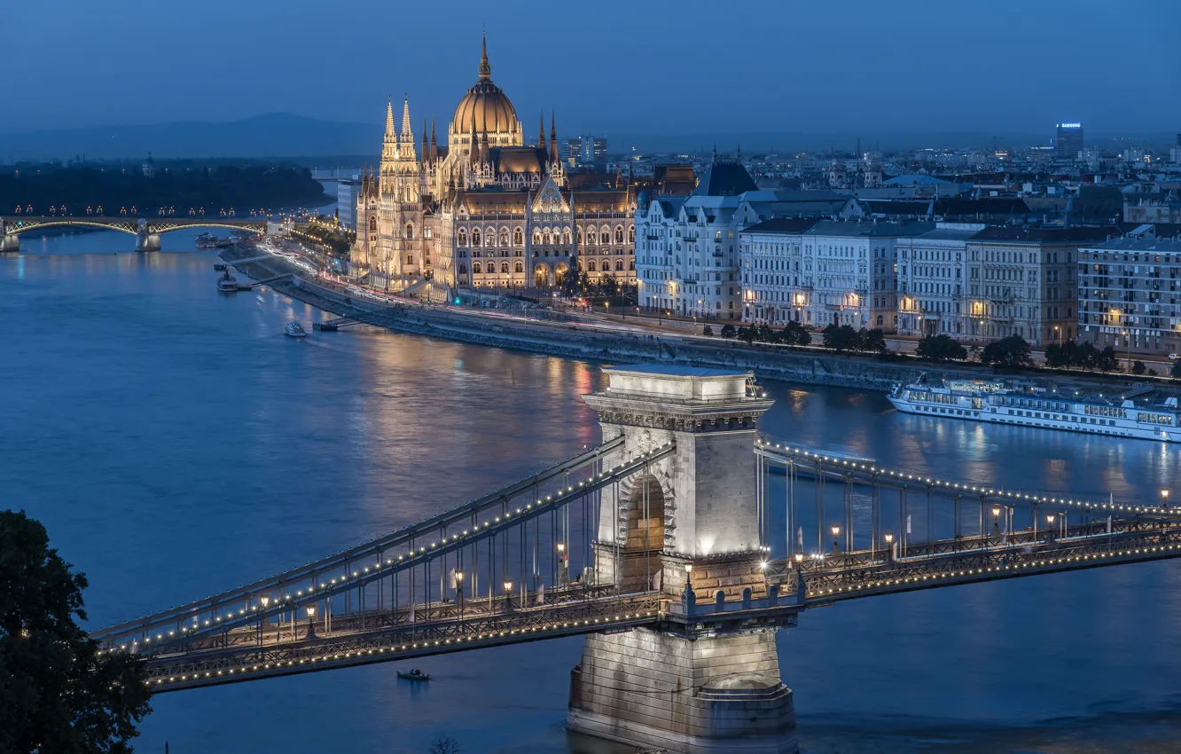 Photo wallpaper river, building, bridges, promenade, ship, Hungary, Hungary, Budapest