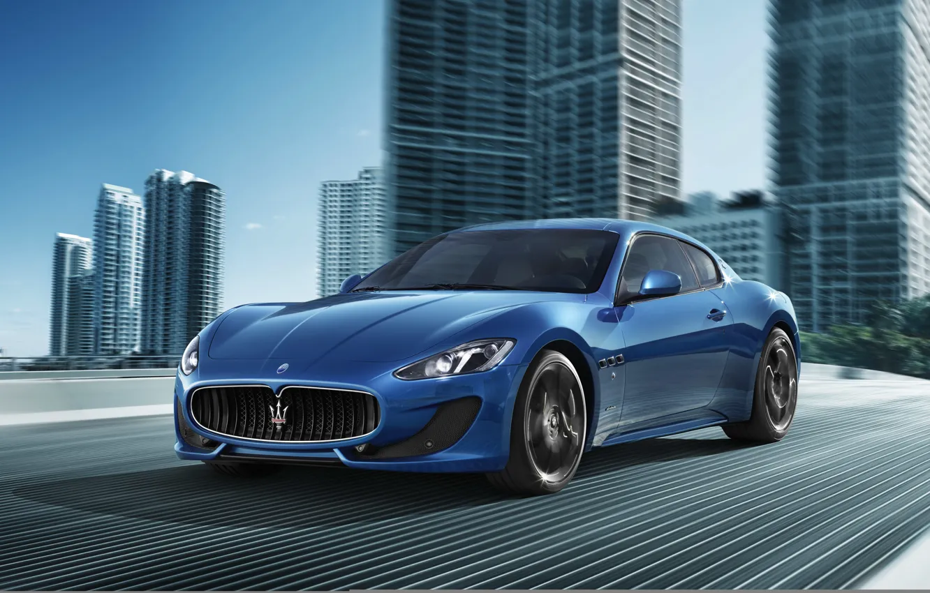 Photo wallpaper road, blue, the city, movement, sport, Maserati, supercar, Maserati