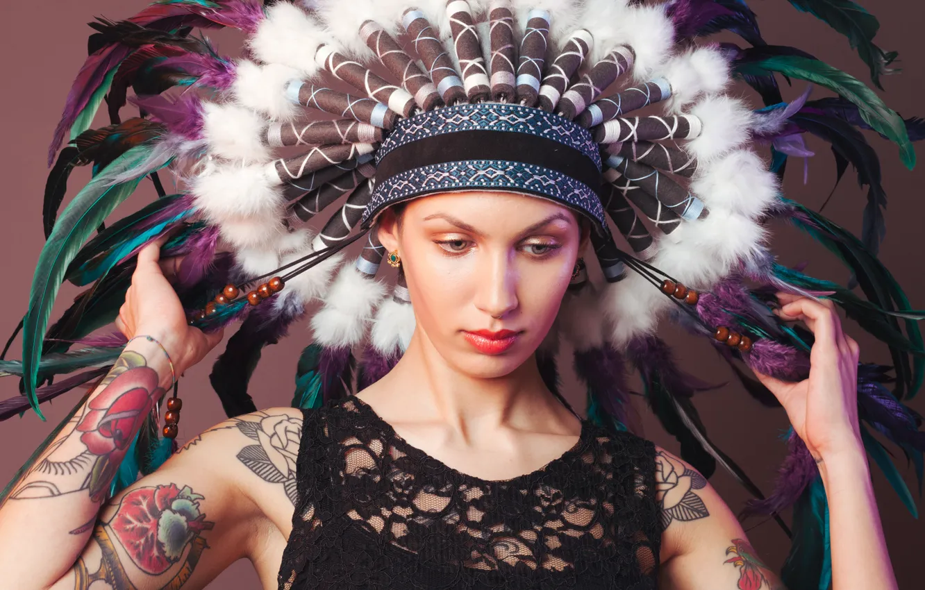 Photo wallpaper girl, face, feathers, tattoo, headdress