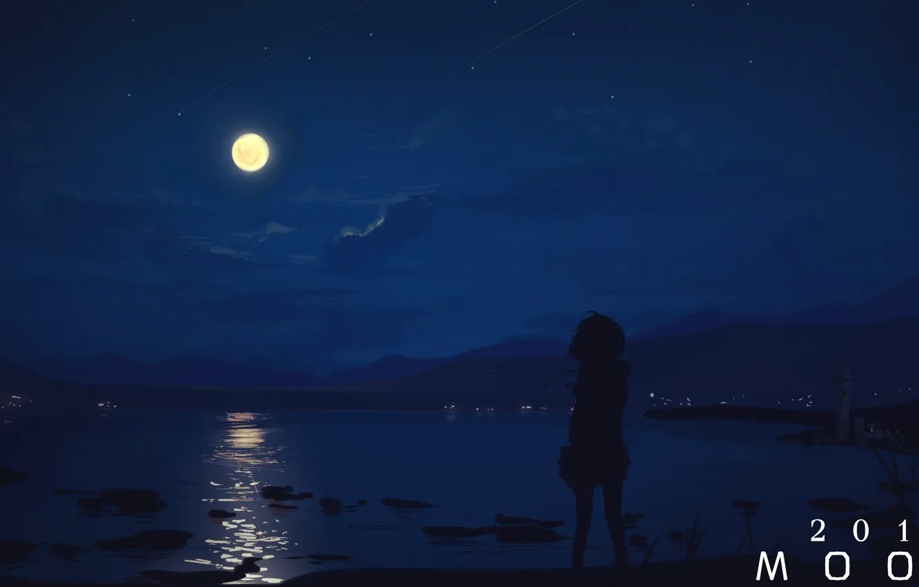 Photo wallpaper sea, girl, night, the moon, moon2017