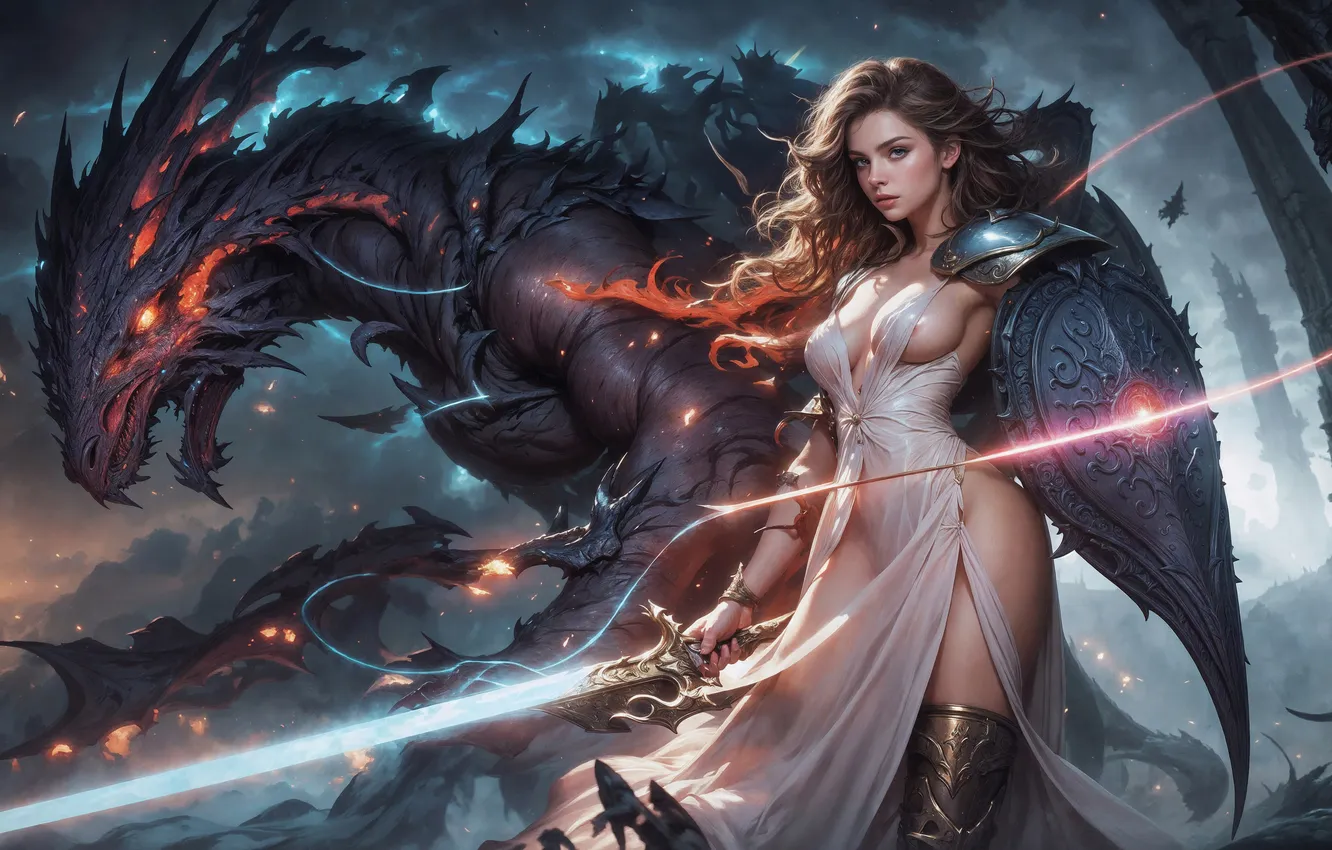 Photo wallpaper girl, magic, dragon, sword, fantasy