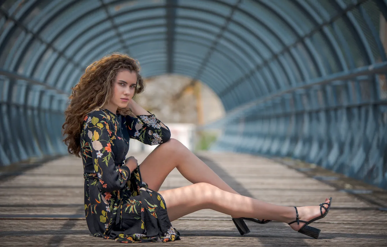 Photo wallpaper Girl, sitting, on the bridge