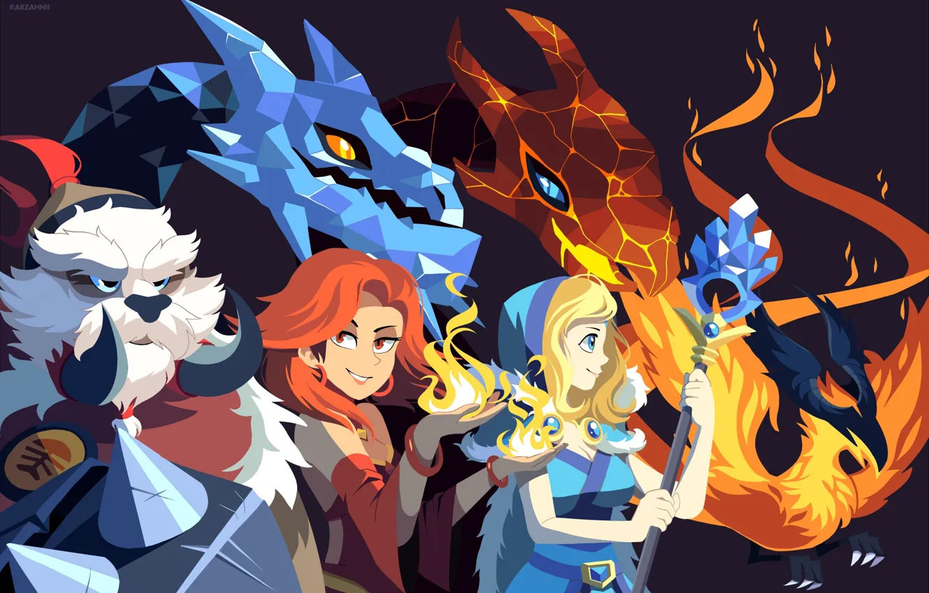 Photo wallpaper ice, lights, fire, dota2, Phoenix, Ace, Lina, Tusk