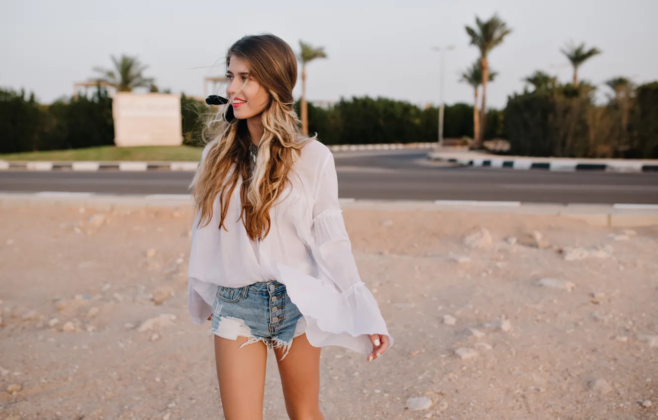 Photo wallpaper girl, shorts, woman, beautiful, shirt, long-haired