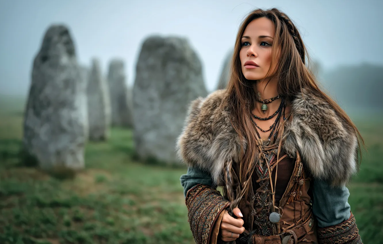 Photo wallpaper field, look, girl, decoration, pose, stones, outfit, fur