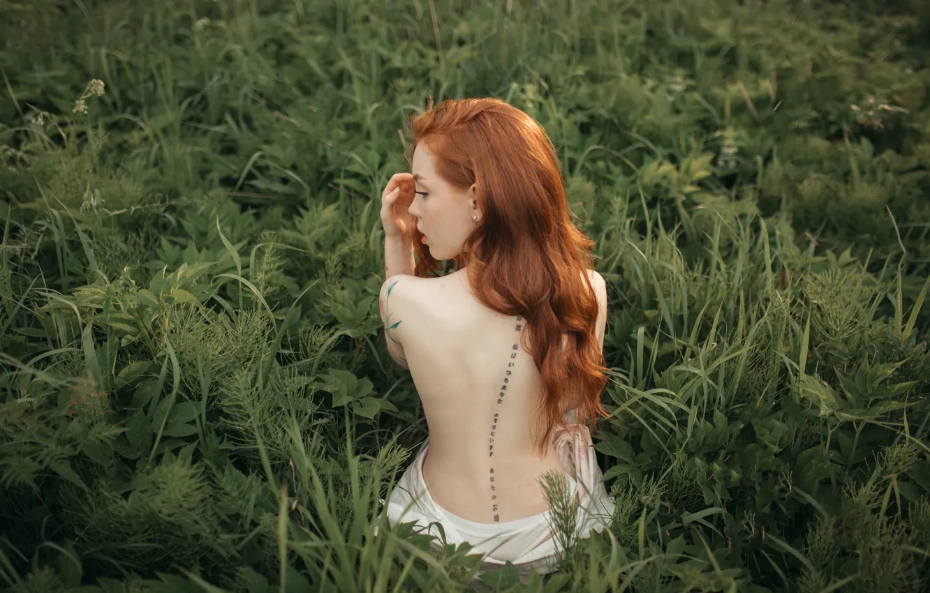 Photo wallpaper grass, girl, pose, back, figure, tattoo, characters, red