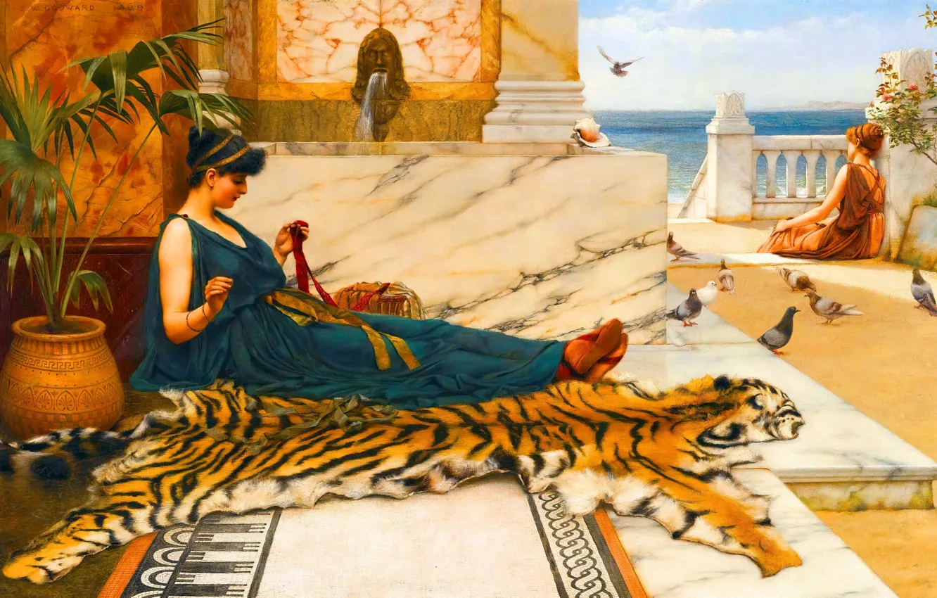 Photo wallpaper girl, picture, pigeons, John William Godward, English artist, John William Godward, Tiger skin