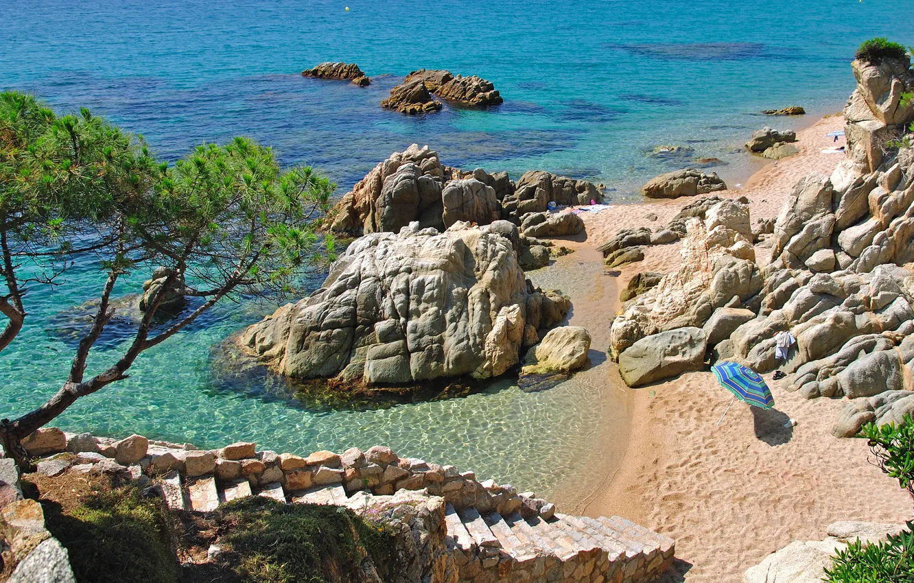 Photo wallpaper sand, sea, beach, stones, stage, Spain, Costa Brava
