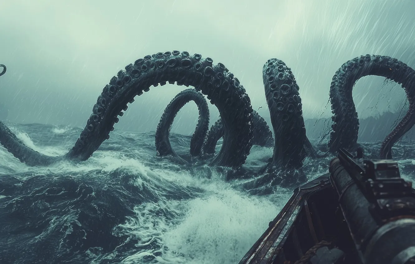 Photo wallpaper Sea, Wave, Ship, Rain, Clouds, The tentacles, Digital art, Sea monster