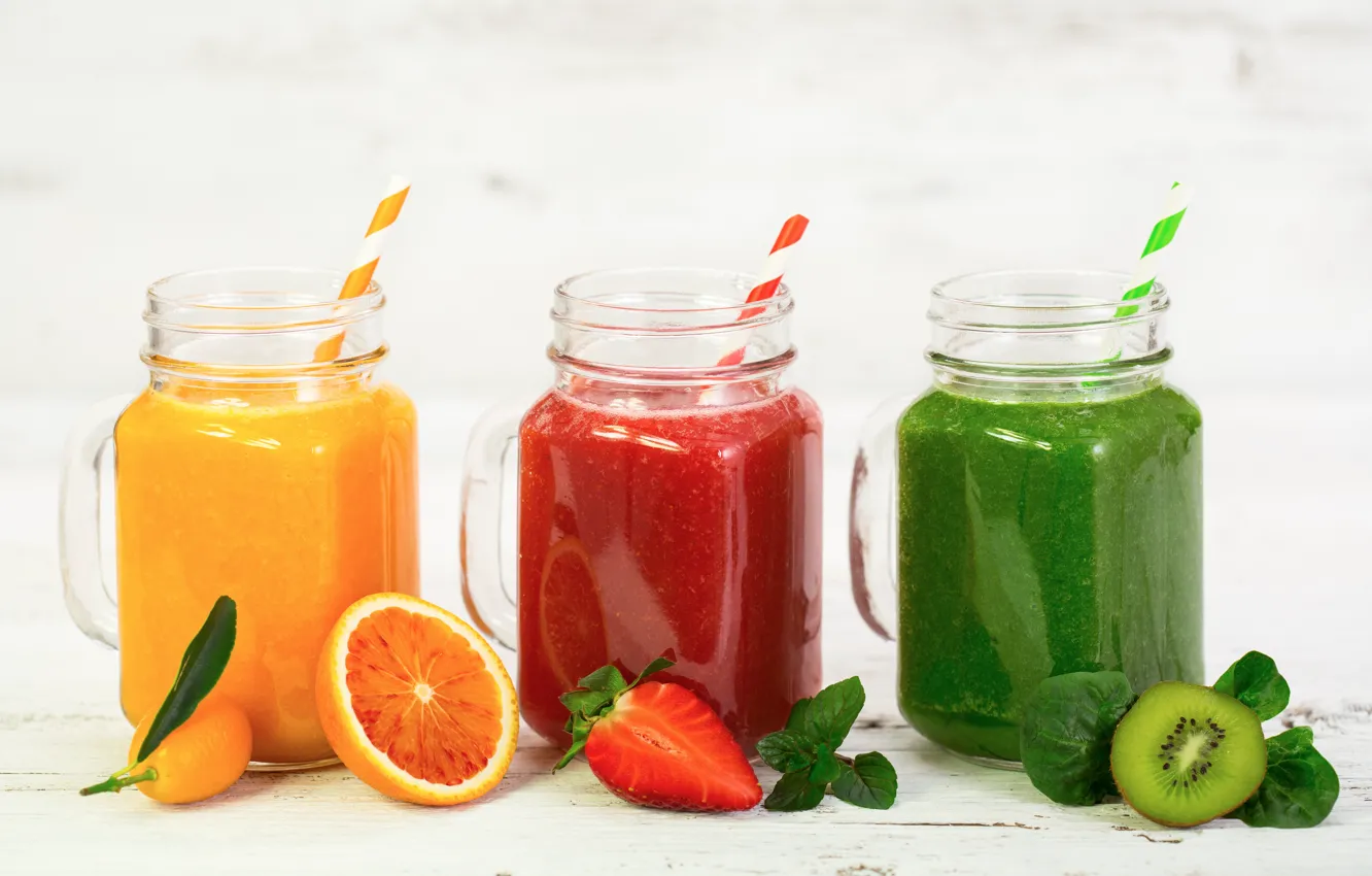 Photo wallpaper orange, kiwi, strawberry, drinks, mint, smoothies, spinach
