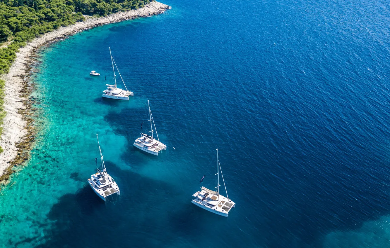 Photo wallpaper sea, coast, Bay, yacht, Bay, catamaran, Croatia, Adriatica