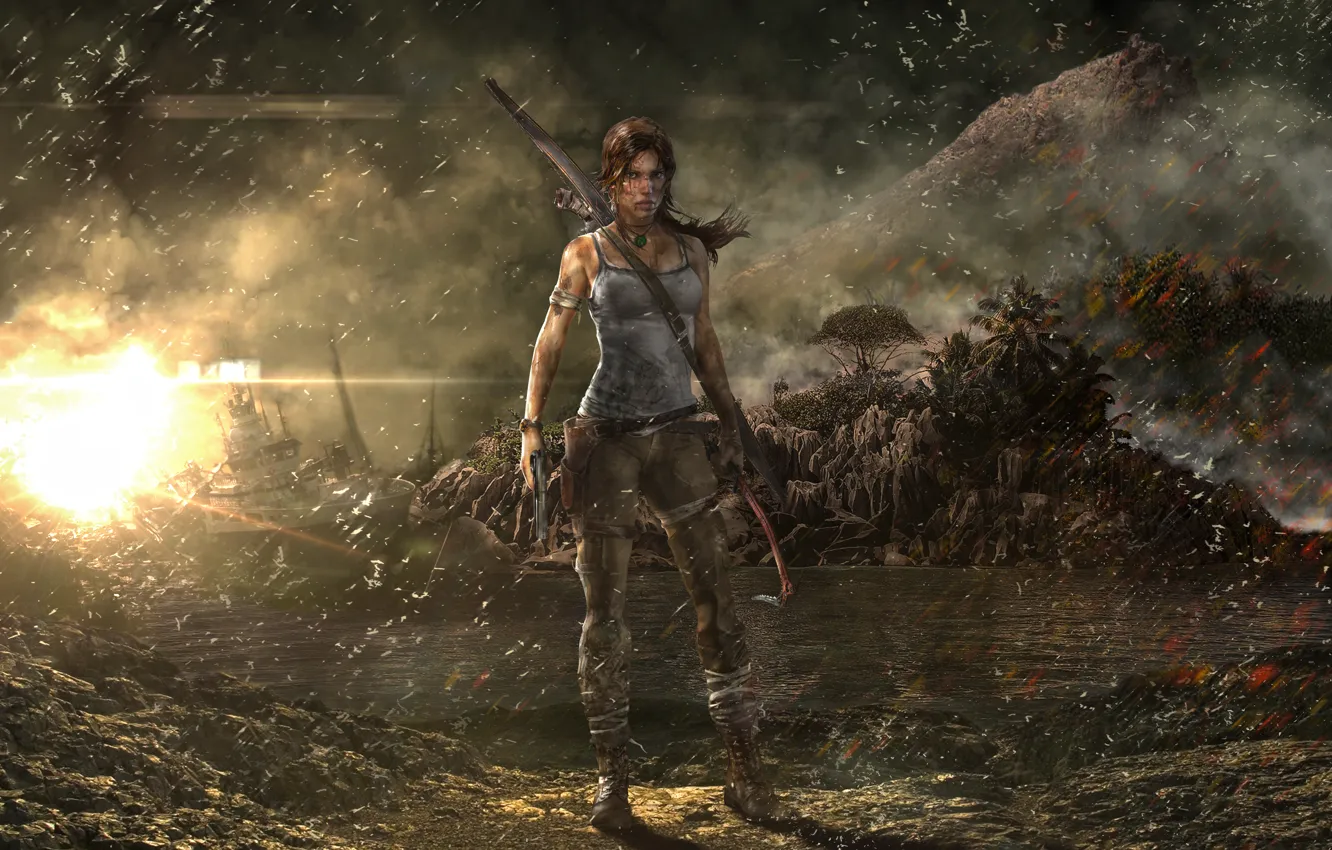 Photo wallpaper girl, rain, ship, mountain, Tomb Raider, Lara Croft, Tomb raider