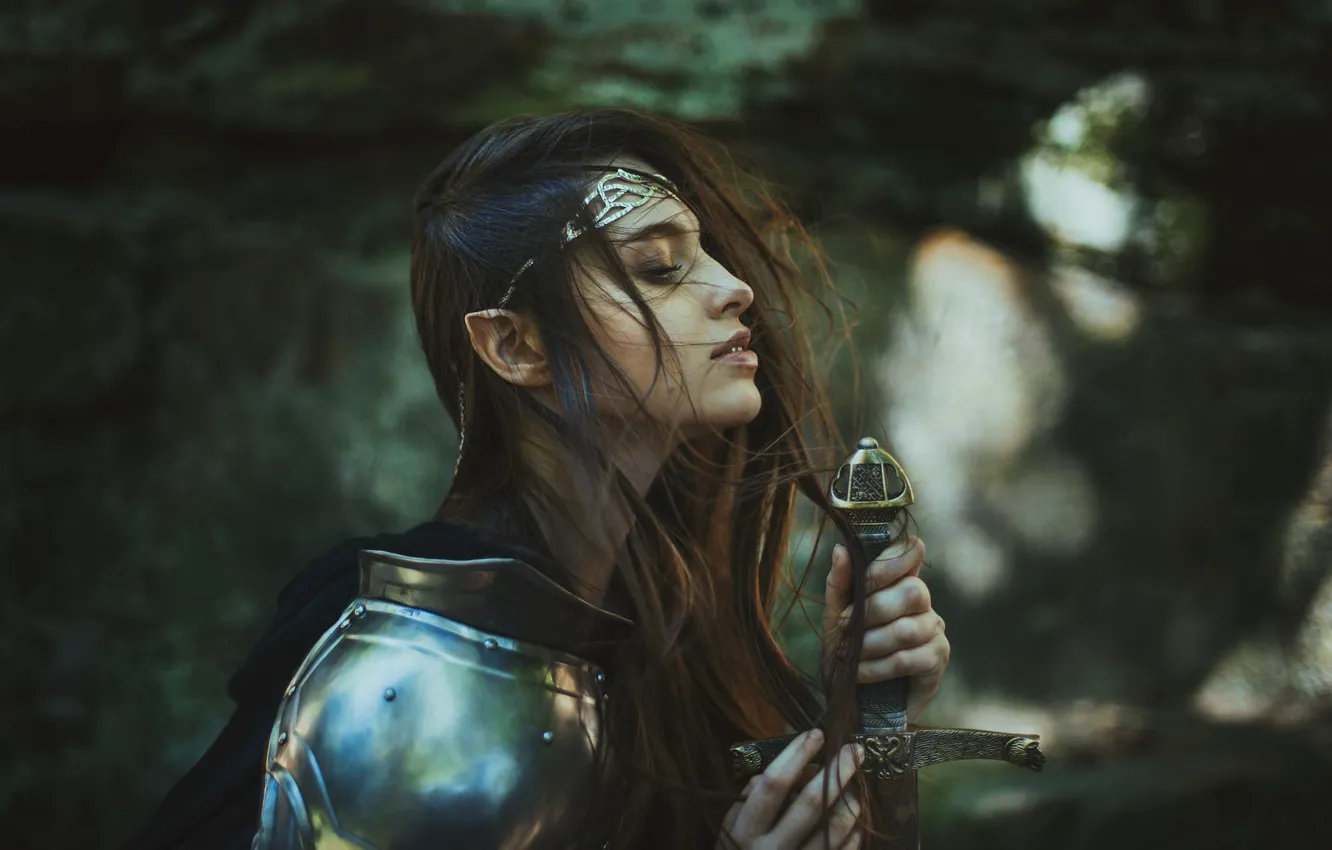 Photo wallpaper look, girl, style, weapons, hair, sword, armor, warrior