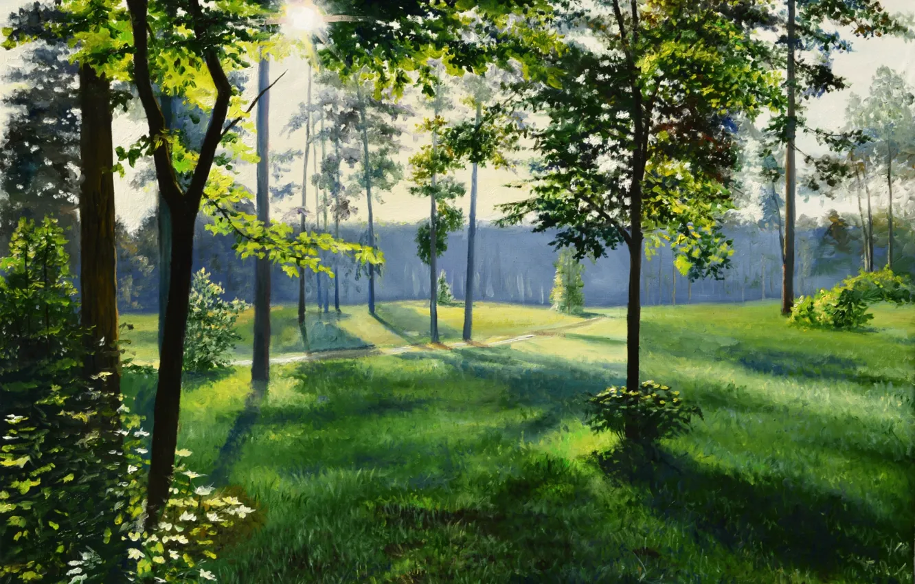 Photo wallpaper road, forest, grass, the sun, light, trees, landscape, oil