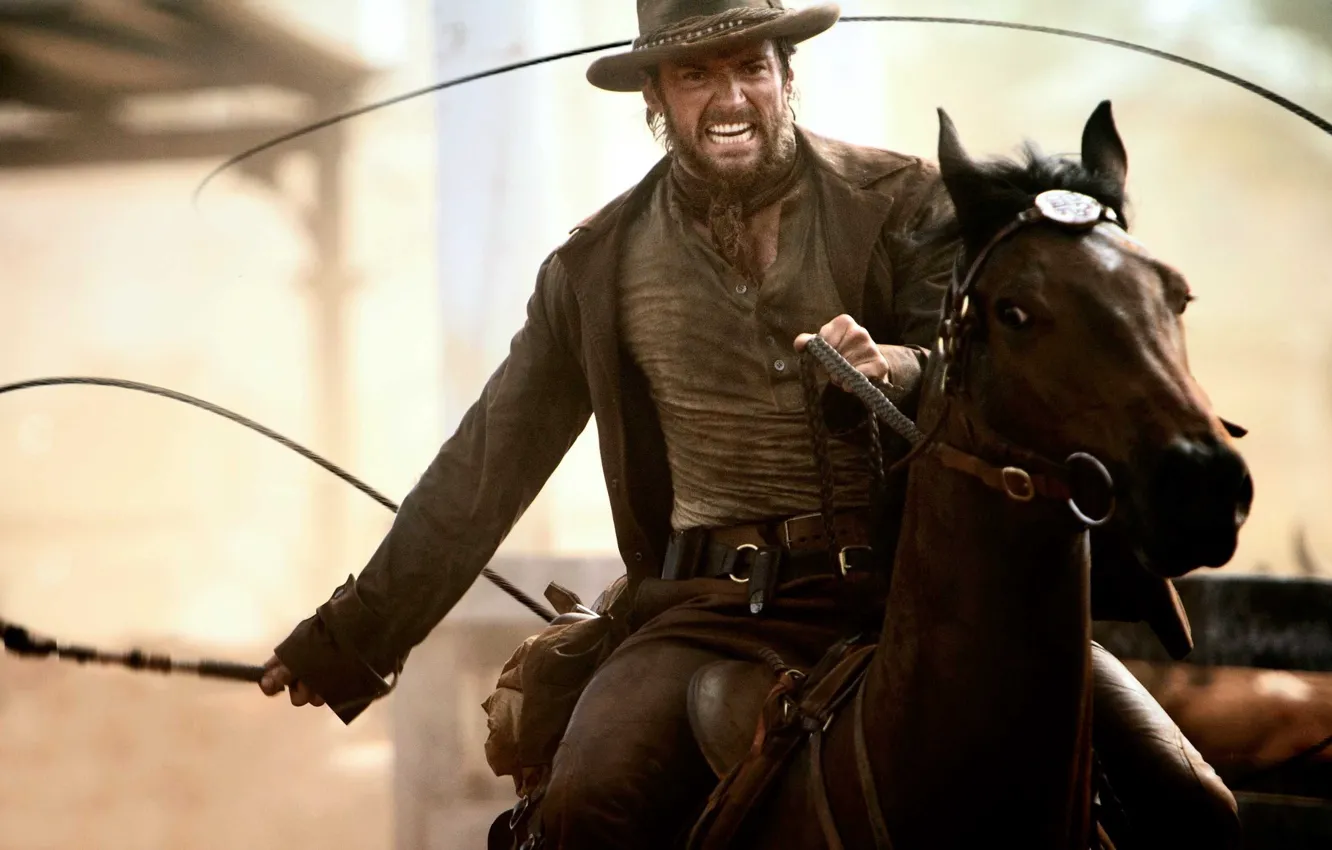 Photo wallpaper Hugh Jackman, actor, hat, man, leather, Australia, horse, Rider