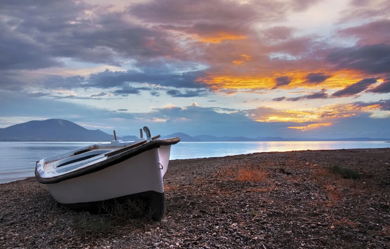 Photo wallpaper mountains, dawn, boat, Greece, Bay