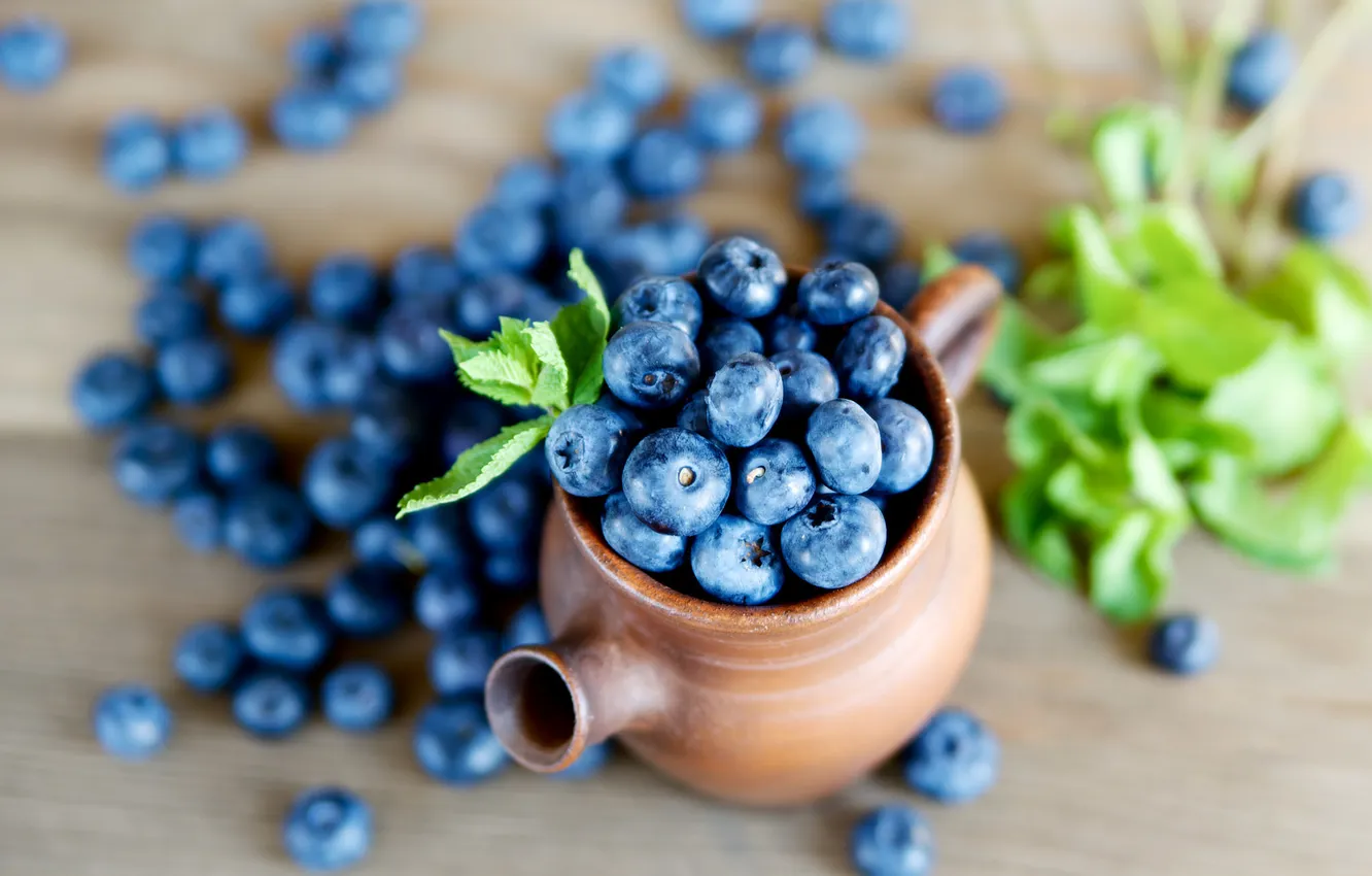 Photo wallpaper blueberries, pitcher, mint