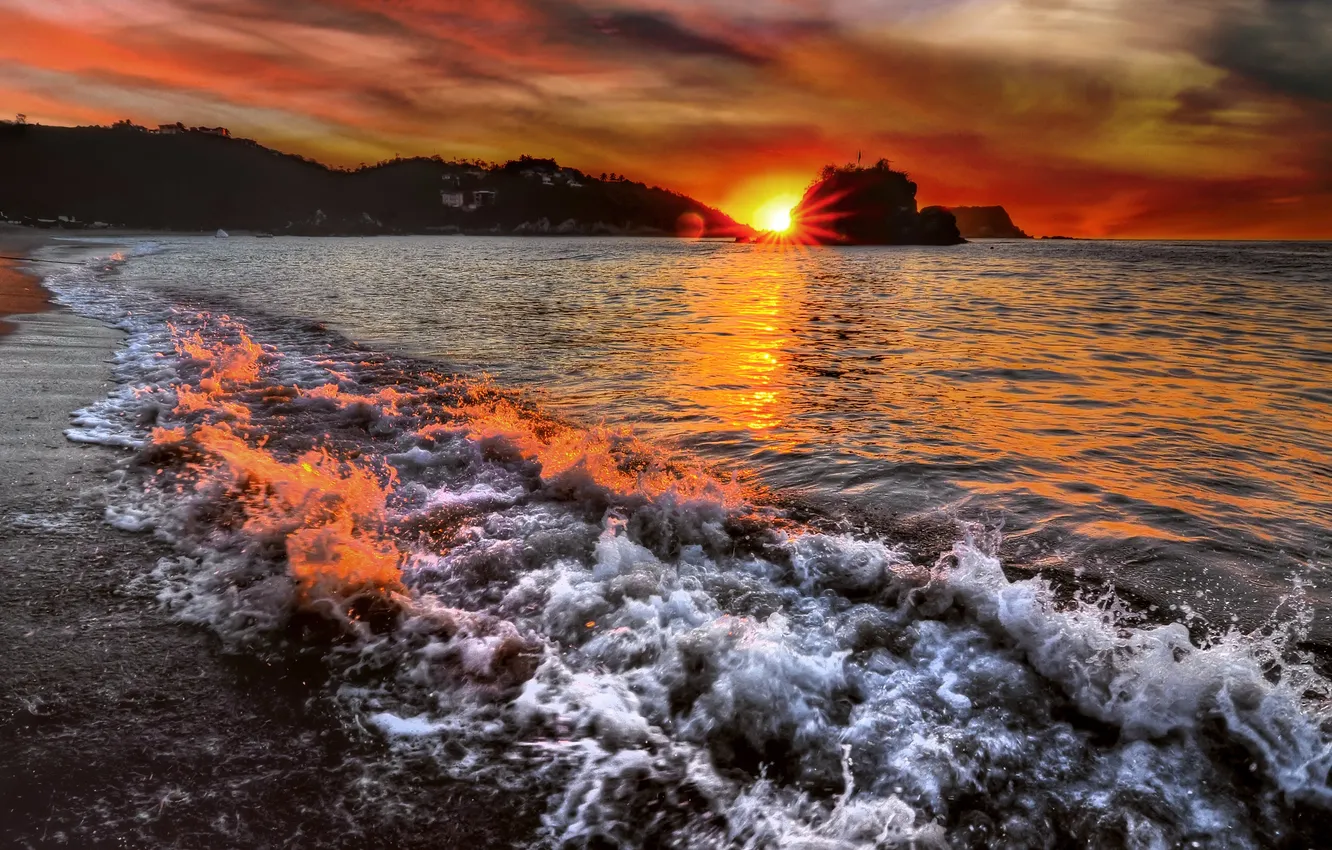 Photo wallpaper sea, wave, foam, sunset, sea