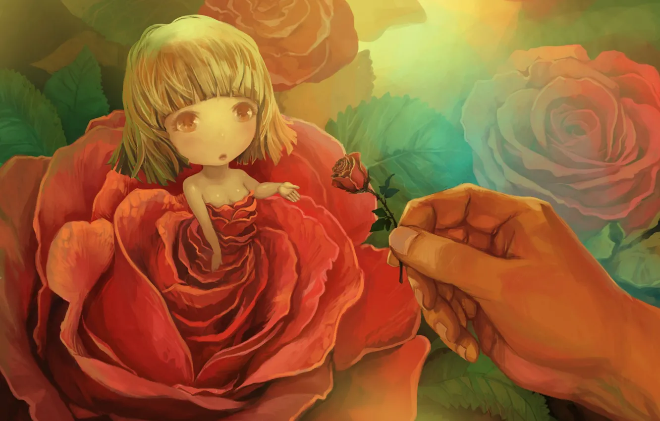 Photo wallpaper rose, hand, fairy, girl
