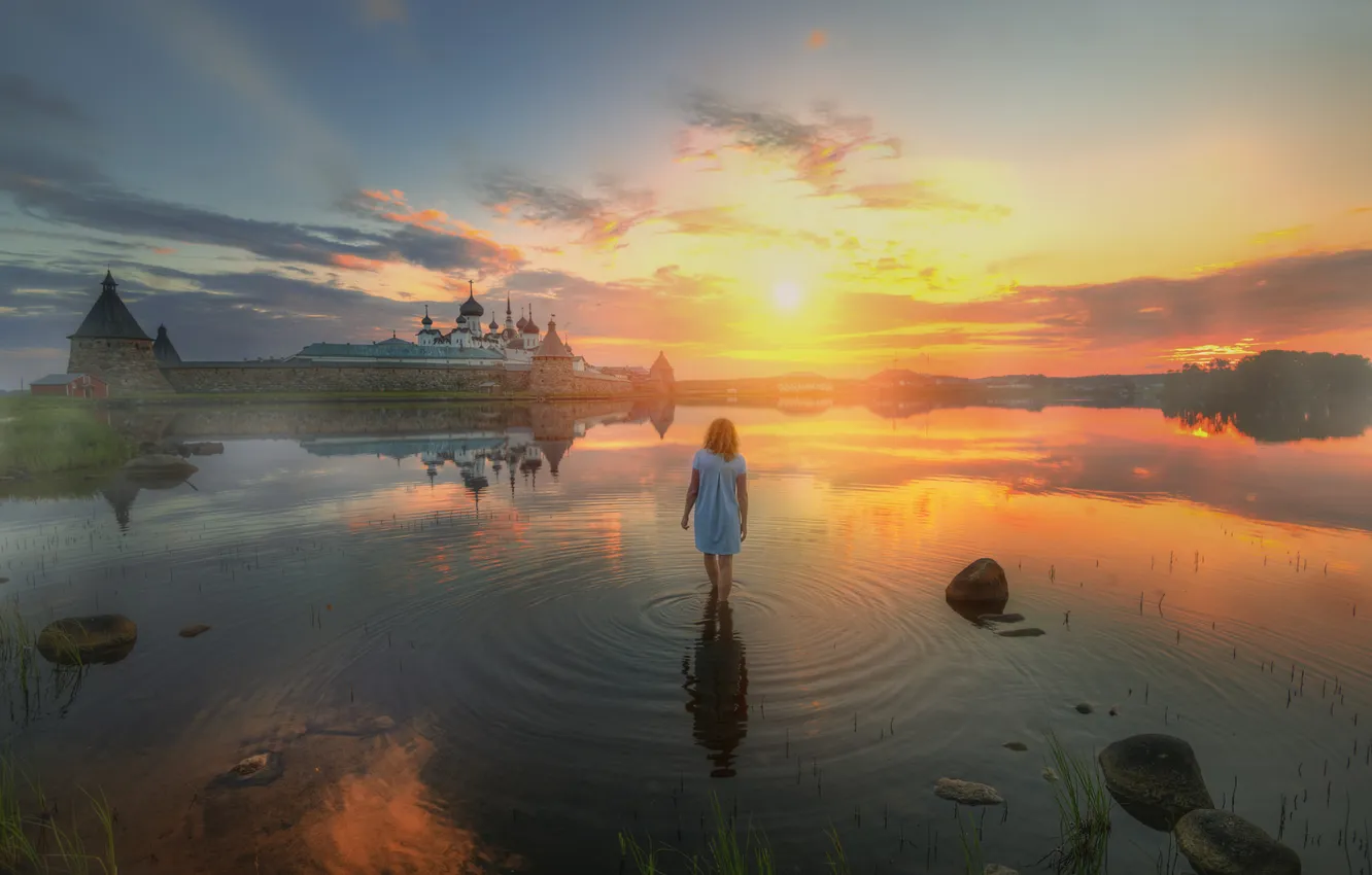Photo wallpaper girl, clouds, sunset, lake, reflection, stones, the situation, Church