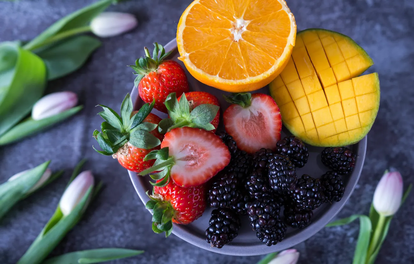 Photo wallpaper flowers, berries, table, orange, strawberry, tulips, bowl, fruit