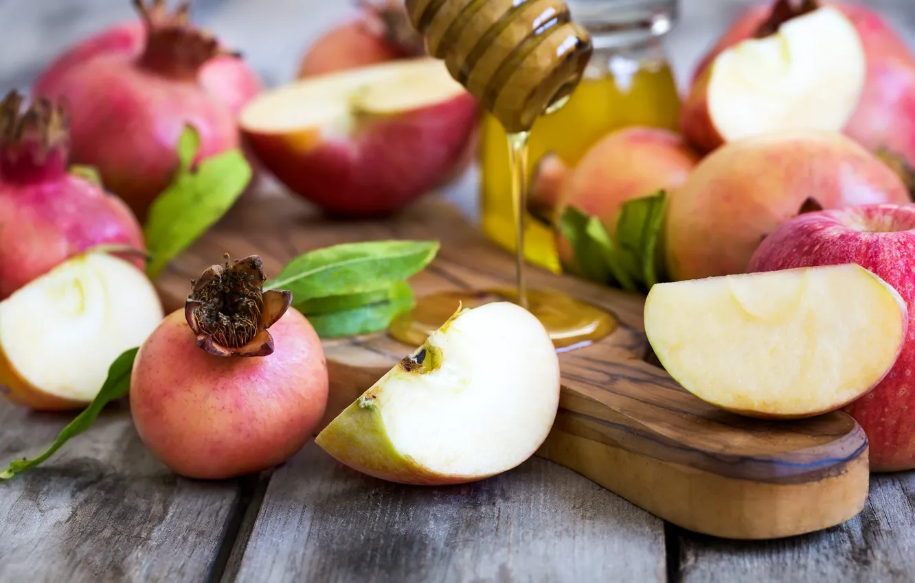 Photo wallpaper apples, honey, slices, garnet