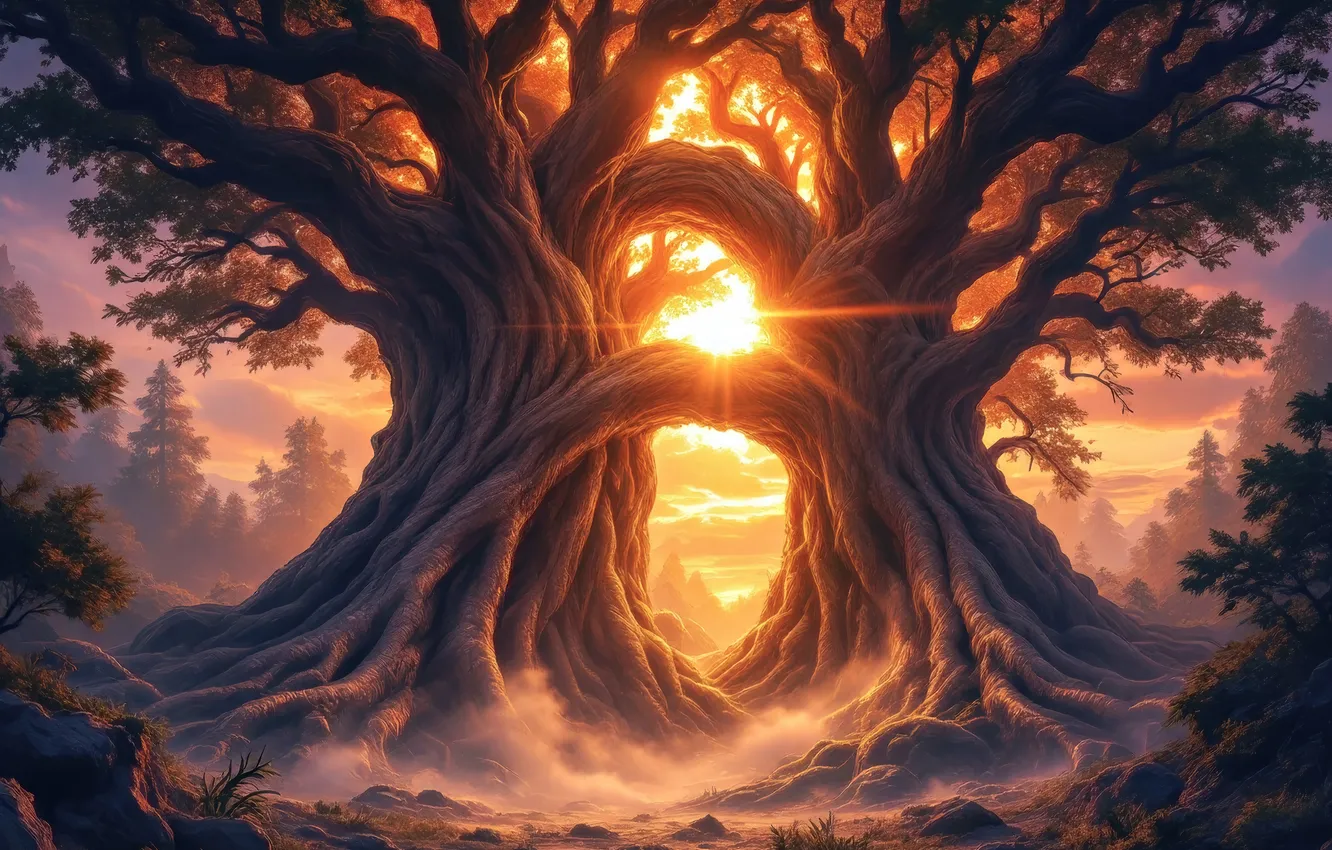 Photo wallpaper the sun, trees, branch, fantasy, AI art, neural network