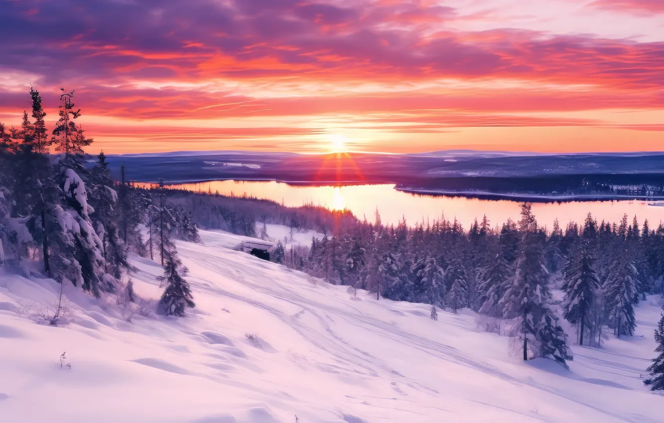 Photo wallpaper winter, field, forest, the sky, the sun, clouds, rays, light