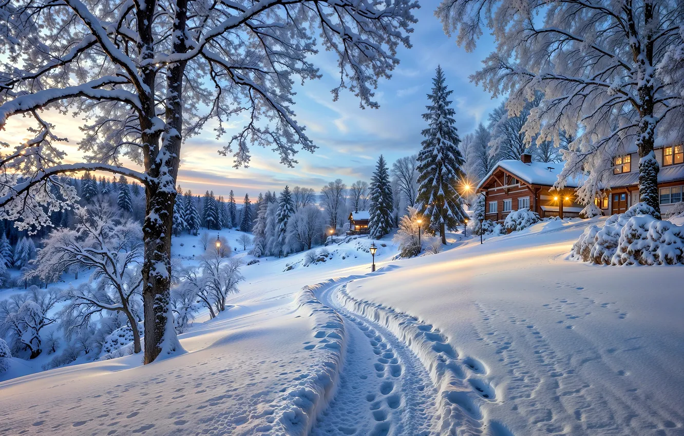 Photo wallpaper winter, frost, road, forest, clouds, snow, trees, traces