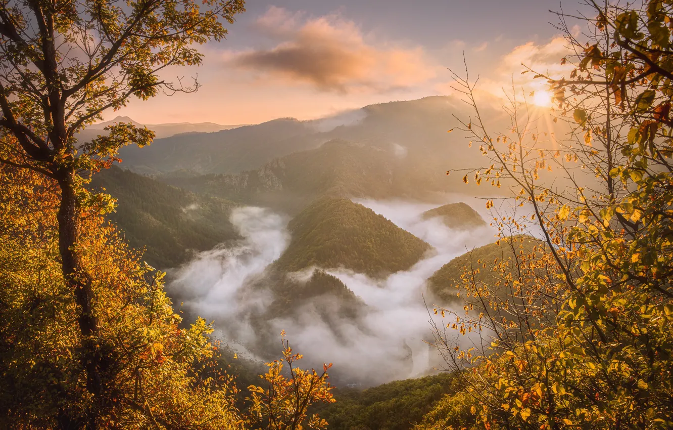 Photo wallpaper autumn, clouds, landscape, mountains, nature, fog, river, forest