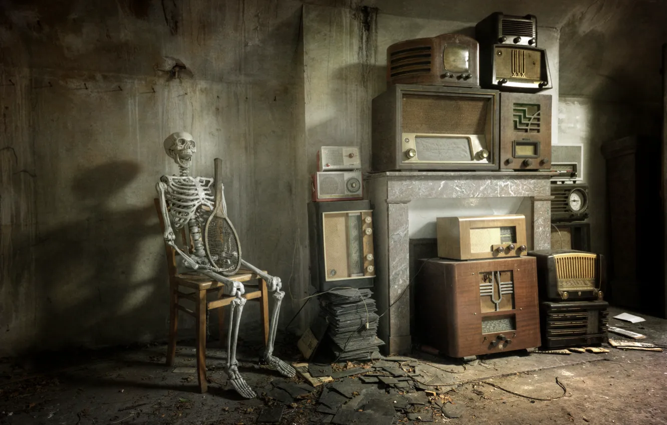 Photo wallpaper room, chair, skeleton, radio