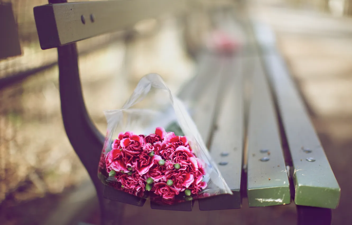 Photo wallpaper flowers, bench, mood, Wallpaper, bouquet, blur, shop, bokeh