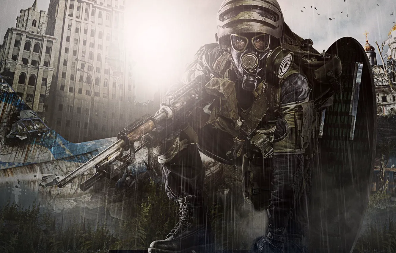 Photo wallpaper the sky, look, clouds, fog, weapons, metro, Apocalypse, building